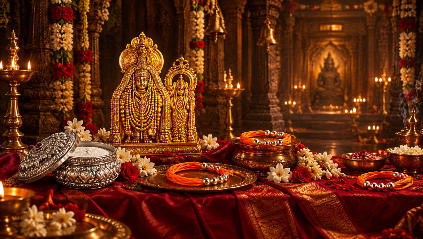 Golden deity idols on a temple altar with lit brass lamps, sacred threads, flowers and a red silk cloth
